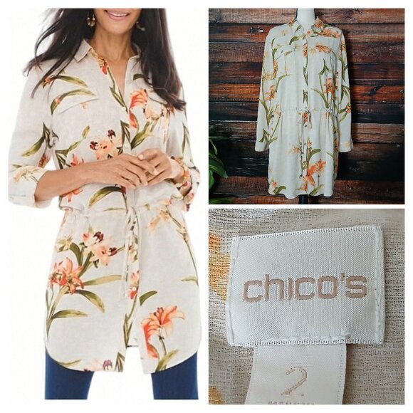 Chicos Tunic Top Size 2 US L Spring Lily Utility Shirt Roll Tab Cuff Drawstring - Picture 1 of 12